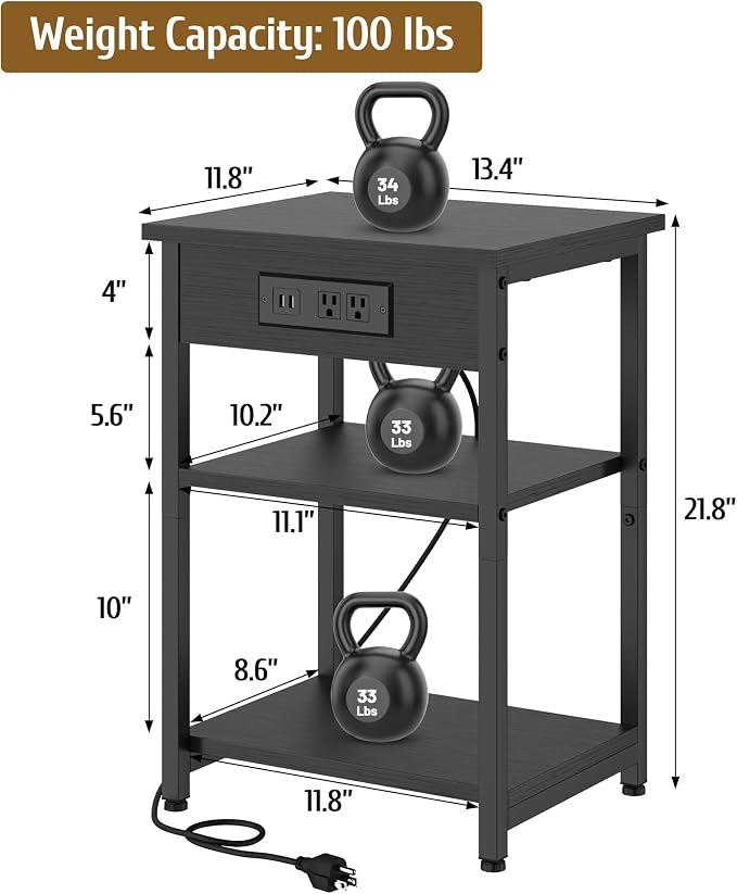 End Tables Set of 2 with Charging Station USB Ports, 3 Tier Tall Night Stand - Image 3