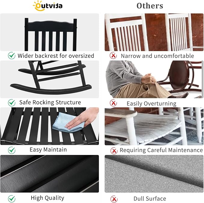 Outvita Outdoor Rocking Chair, Solid Wood High Back Rocker, All Weather Lounge - Image 6