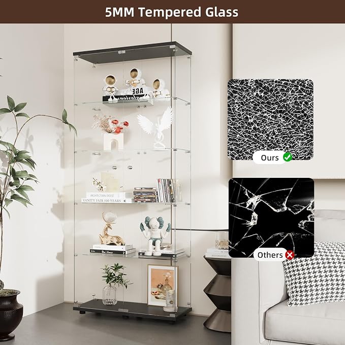Display Cabinet with Glass Door and Lock, 5-Shelf Curio Cabinets with 5mm - Image 6