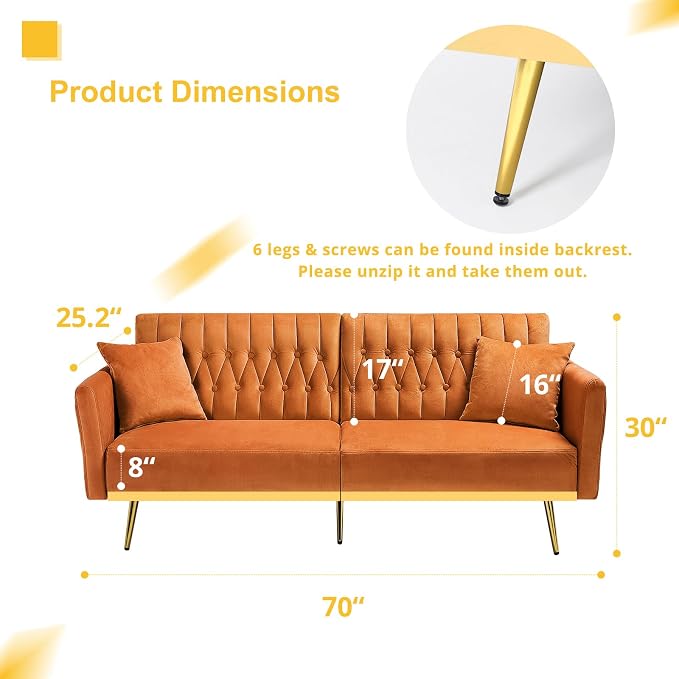 70” Velvet Futon Sofa Bed w/Adjustable Armrests & 2 Pillows, Convertible Futon - Image 3