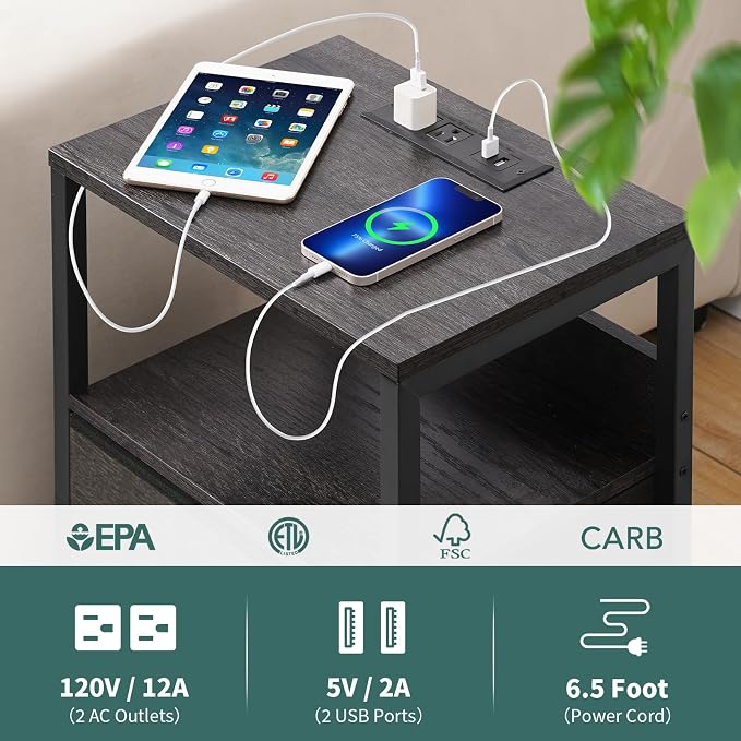 Yoobure Nightstand with Charging Station, Small Night Stand with Fabric Drawers - Image 5