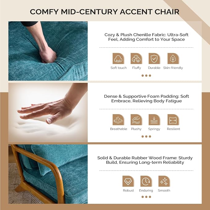 VINGLI Chenille Mid-Century Modern Accent Chair Set of 2, Cute Reading Arm Chair - Image 3