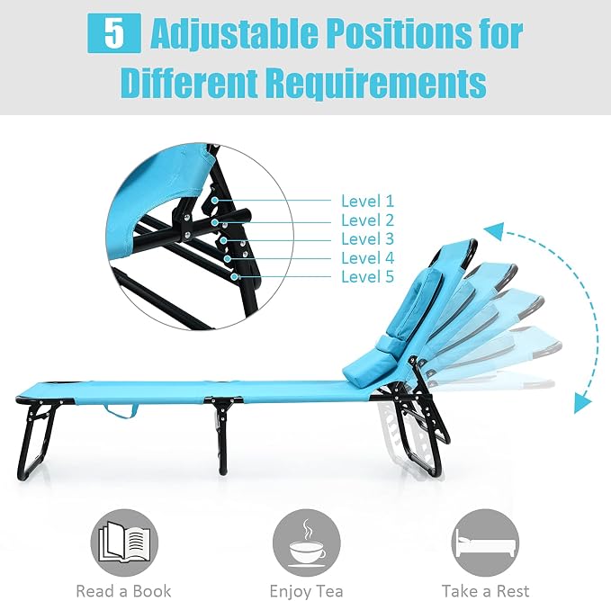 Folding Beach Lounge Chair w/ 5 Adjutable Backrest & Padded Pillow, Sunbathing - Image 5