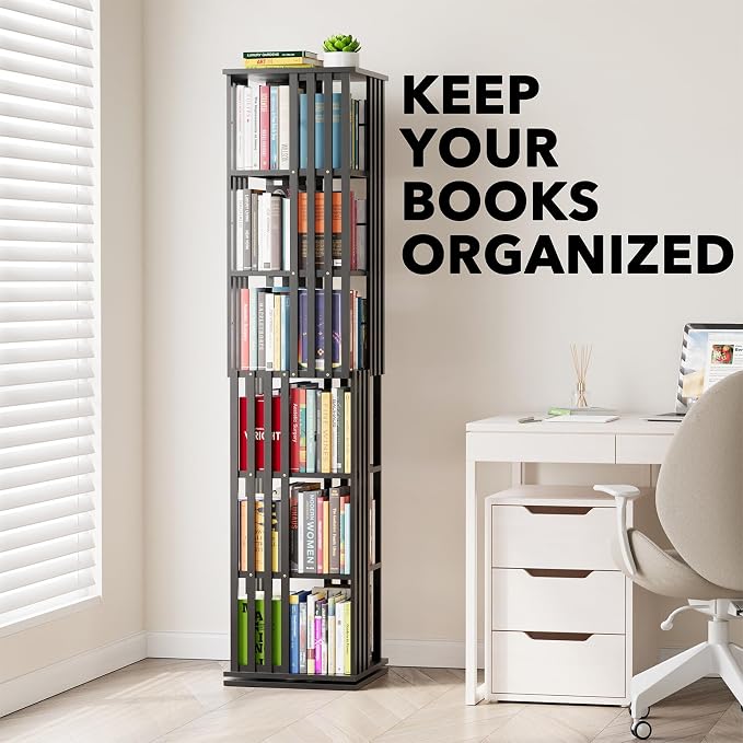 SpaceAid 6 Tier Rotating Bookshelf Tower, Bamboo Spinning Book Shelf, Revolving - Image 6