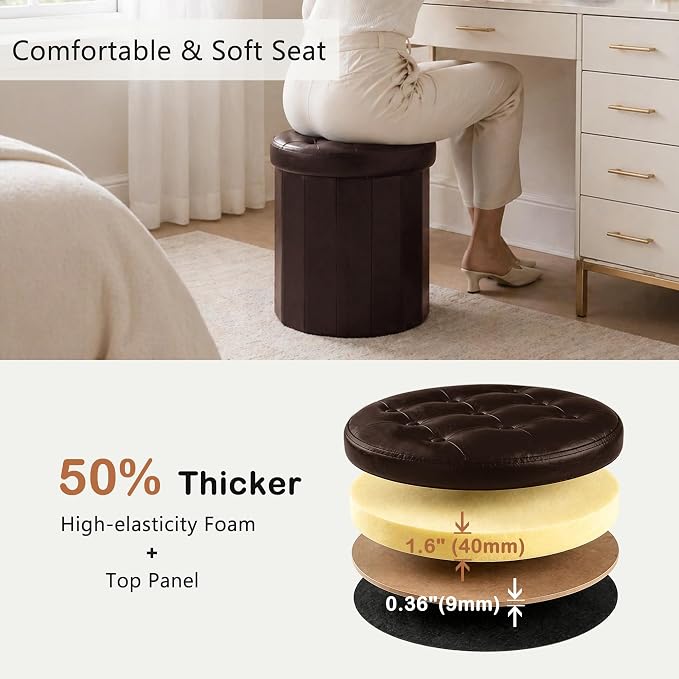 CAROLMADE Round Storage Ottoman, PU Leather Folding Footrest Stool - Image 4