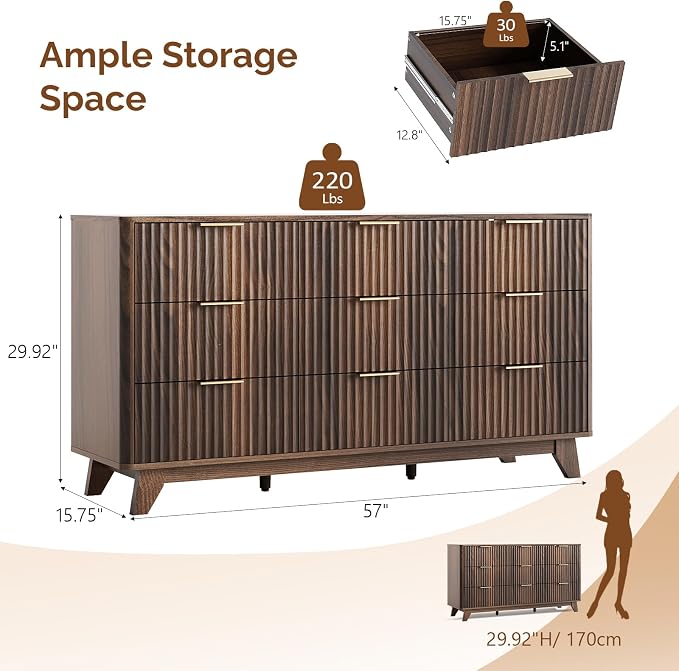VINGLI Fluted Walnut Dresser 9 Drawer, Dark Wood Dresser Brown - Image 2