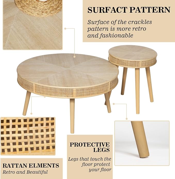 Wnutrees Farmhouse Round Coffee Table, Rustic Sofa Side Tea Tables Nesting - Image 5