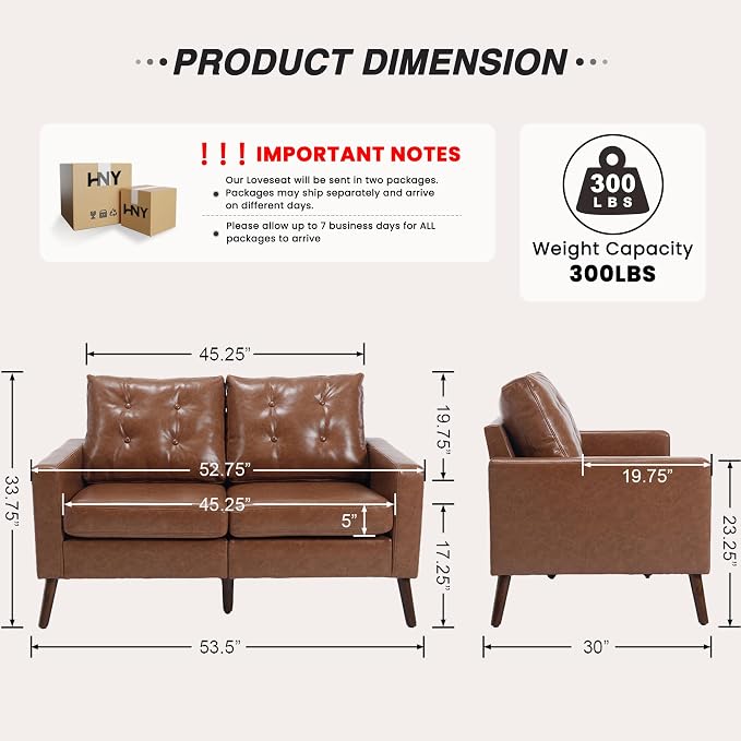 HNY Mid Century Modern 53" Loveseat Sofa, Comfy Upholstered Button Tufted Faux - Image 2