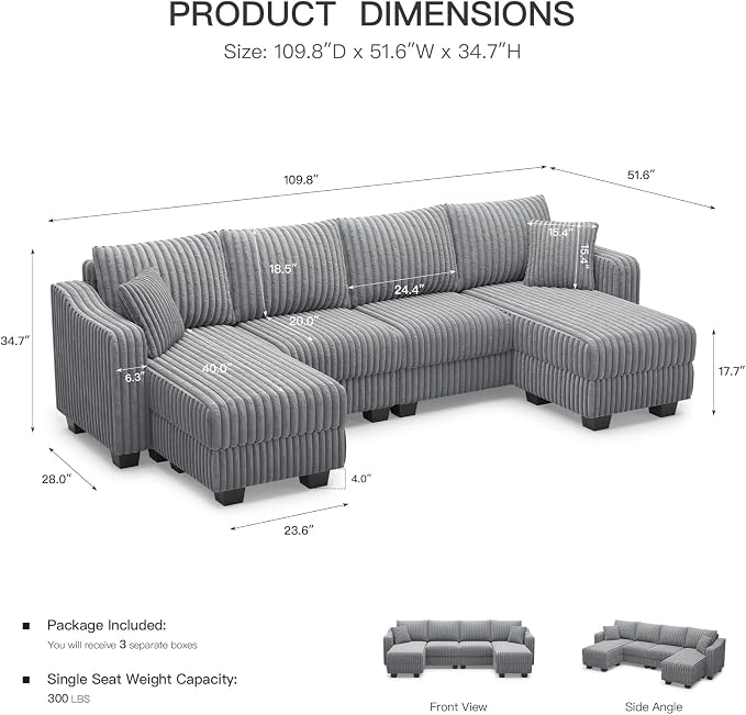 Belffin U Shaped Couch with Reversible Chaises Sectional Couches - Image 2