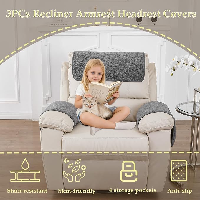 Armrest Covers - Arm Chair Covers Set of 3 Recliner Chair Covers, - Image 2