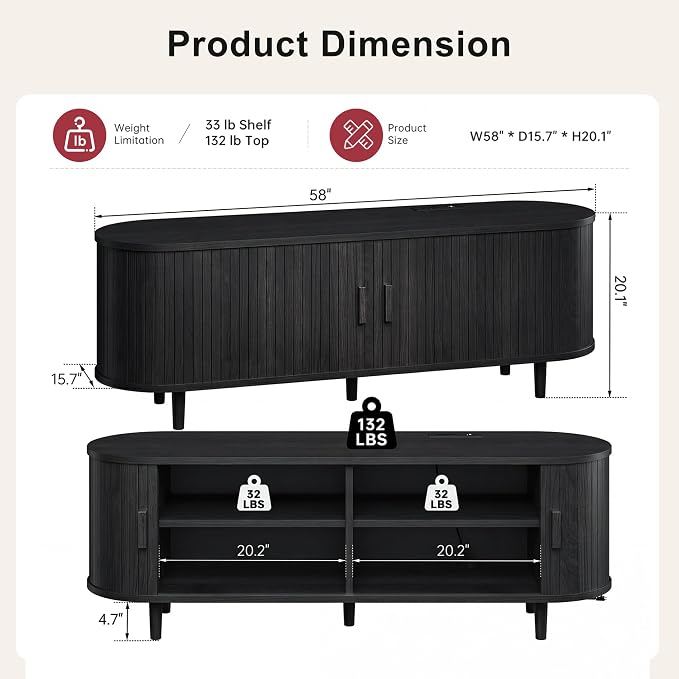 58" Mid Century Modern TV Stand, Wood TV Consoles - Image 2
