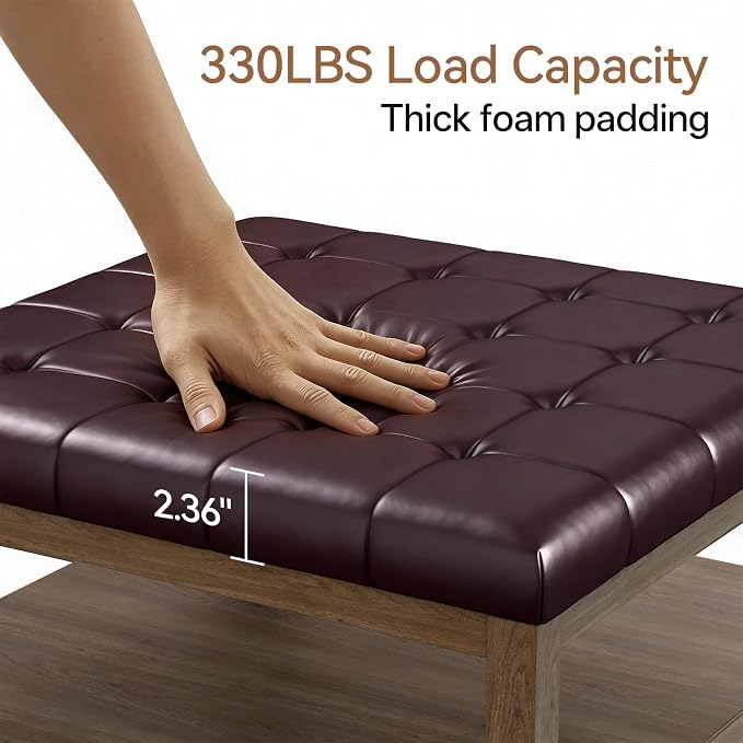 ABHENG 31.5” Large Square Storage Ottoman, Upholstery Solid Rubberwood Coffee - Image 3