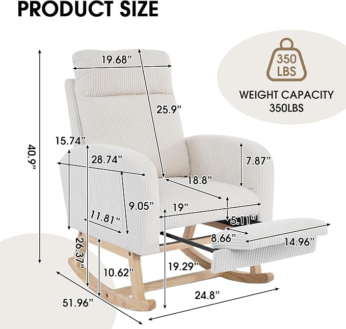 NIOIIKIT Nursery Rocking Chair, Corduroy Upholstered Rocking Chair - Image 2