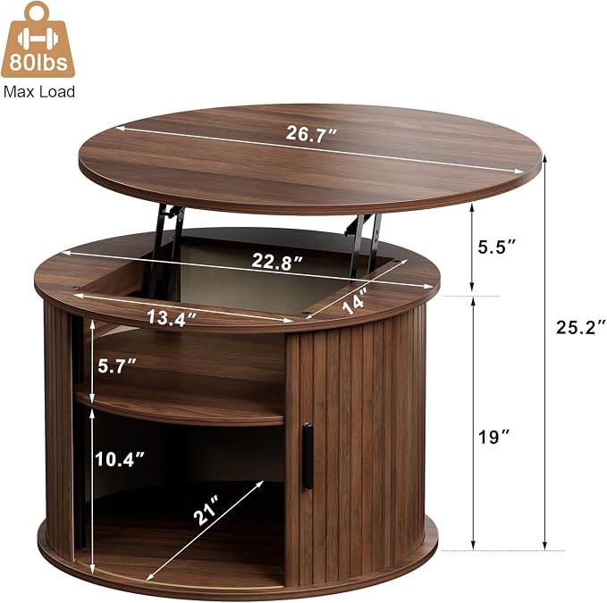 FABATO Round Lift Top Coffee Table, Fluted Wood Accent Coffee Table - Image 2