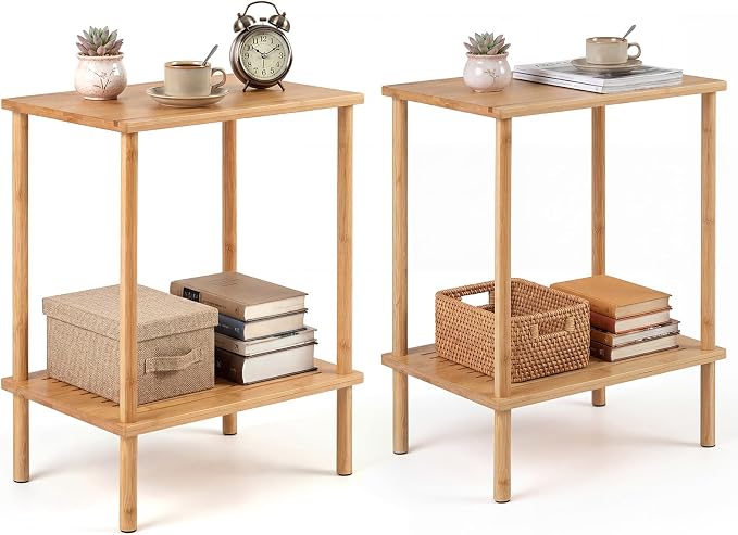 Giantex Bamboo Side Table Set of 2, 2-Tier Sofa End Bedside Table w/Storage by Giantex