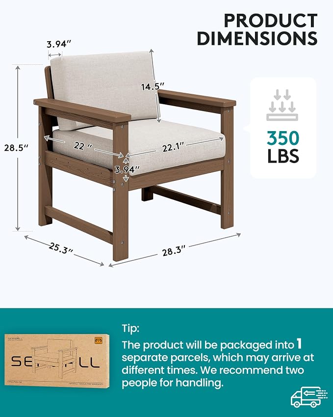 SERWALL 2 Pieces Single Cushioned Lounge Chair, HDPE Outdoor Adirondack Sofa - Image 5