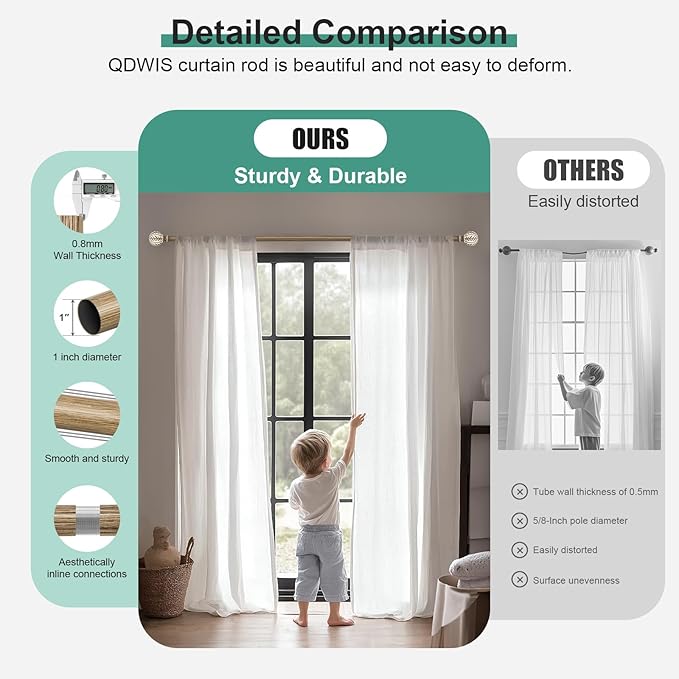 QDWIS Boho Wood Curtain Rods for Windows 48 to 84 inch, Rustic Decorative - Image 3