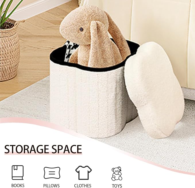 Boucle Storage Ottoman Cube, 13.8" Flower-Shaped Footstool - Image 6