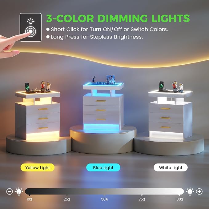 HNEBC Night Stand Set 2 with LED Lights, High Gloss Nightstand with 3 Drawers - Image 4
