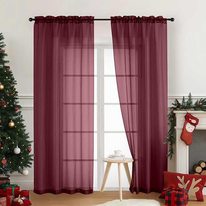 Burgundy Sheer Curtains 90 Inches Long 2 Panels, Light Filtering Solid Sheer by Home
