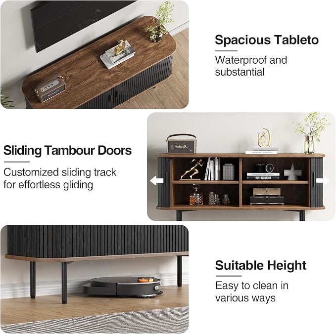 47''W Black Cabinet with Storage, Media Console, Tambour TV Stand, Television - Image 8