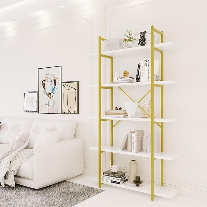 5 Tiers Bookshelf Organizer White Faux Marble Shelf, Modern Open Display - Image 3