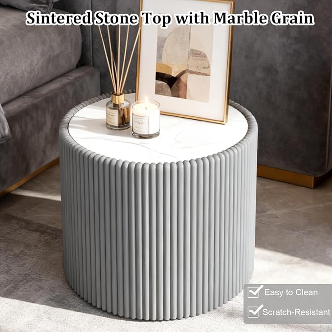 SSLine Round Drum Coffee Table Modern Sintered Stone Top Side End Table in Grey - Image 5