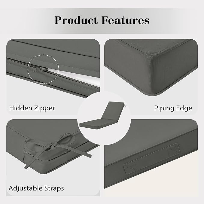 Chaise Lounge Cushions Outdoor, 4 Adjustable Ties Lounge Chair Cushions - Image 3