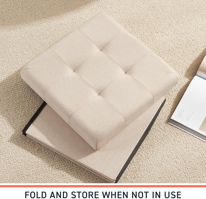 Ornavo Home 2 Pack 15 Inch Folding Storage Ottoman, Square Cube Linen Small - Image 7