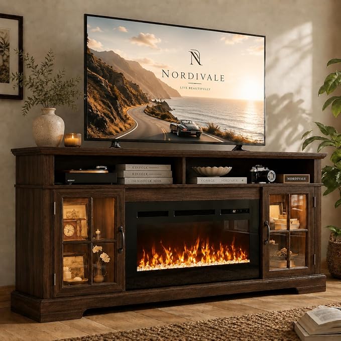 70" Fireplace TV Stand, Modern Entertainment Center by Nordivale