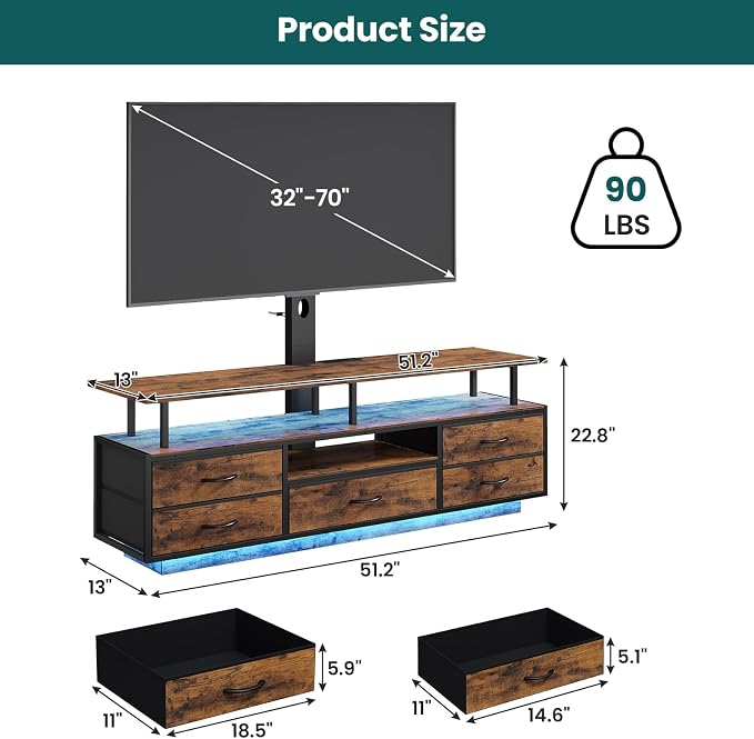 BTHFST TV Stand with Mount for 45/55/65/70 inch TVs, 51.2" LED TV Stand with - Image 2
