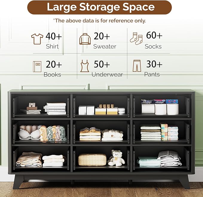VINGLI Black Dresser 9 Drawer, Fluted Dresser - Image 7