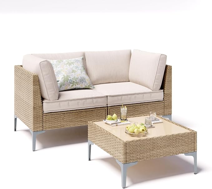 JOYURE 3 Piece Wicker Patio Furniture Set, Outdoor Conversation Loveseat by JOYURE