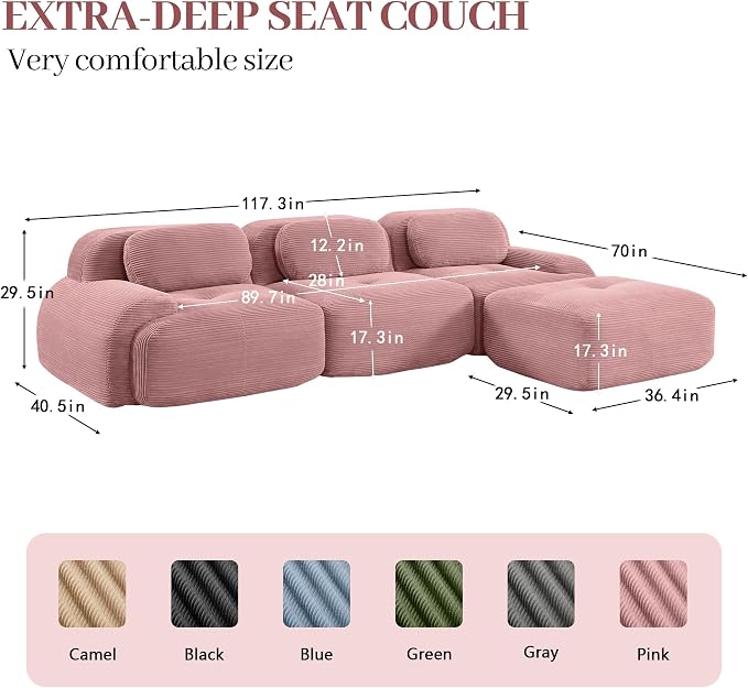 Boneless Sectional Couch, No Assembly Required, 117.3” L Shaped Modular Cloud - Image 3