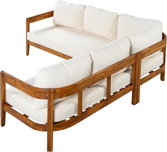 VilroCaz Outdoor Patio Furniture Set, L-Shaped Acacia Wood Sectional Sofa - Image 6