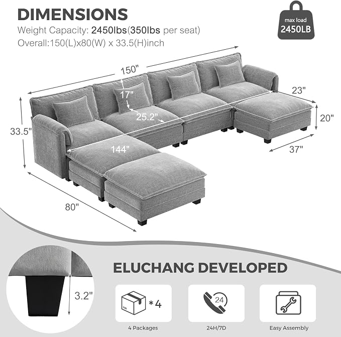 ELUCHANG Oversized 153" Modular Sectional Sofa, Comfy Cloud Couch, U Shaped - Image 2