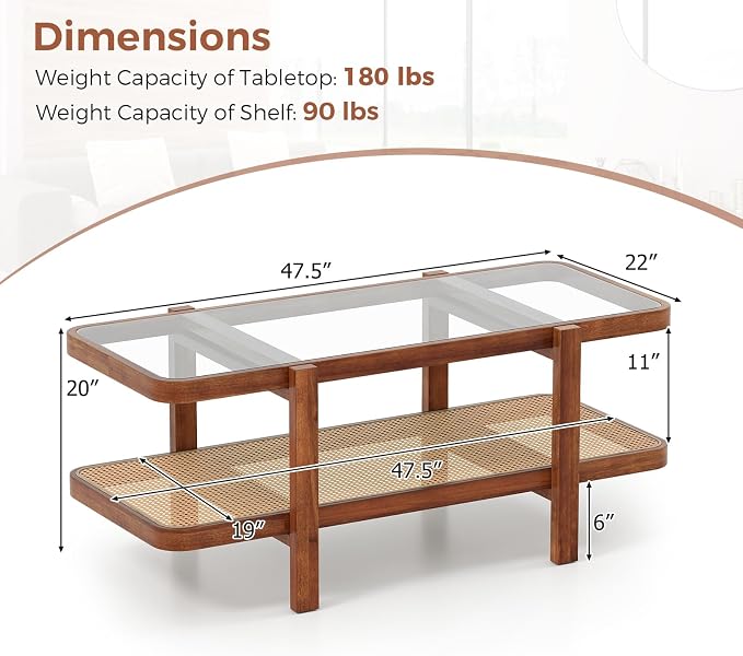 Giantex Rattan Coffee Table, 47.5" Rectangle Solid Wood Tea Table w/Tempered - Image 2
