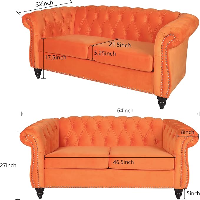 ORRD 3 Piece Living Room Set, Velvet Chesterfield Sofa Loveseat Couch Chair - Image 6