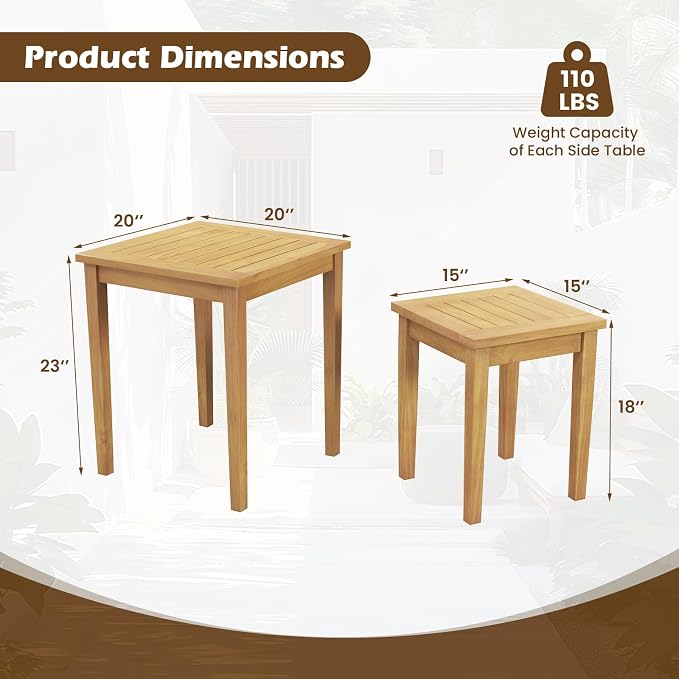 Tangkula 2 Pieces Patio Nesting Table, Teak Wood Outdoor Space Saving Design - Image 3
