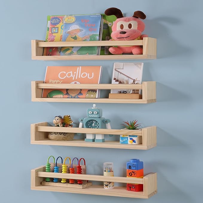 Nursery Room Shelves Set of 4, Wood Floating Book Shelves - Image 7