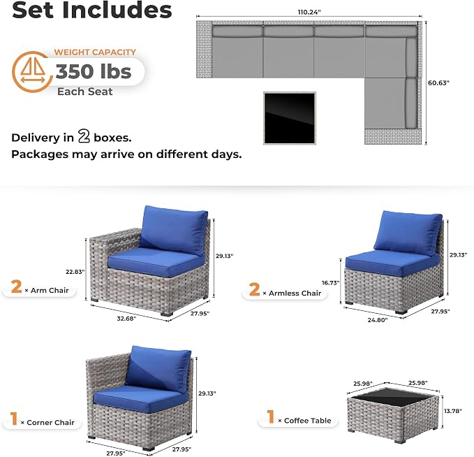 ovios 6 Pieces Patio Furniture Set, Outdoor Wicker Sectional Sofa - Image 7