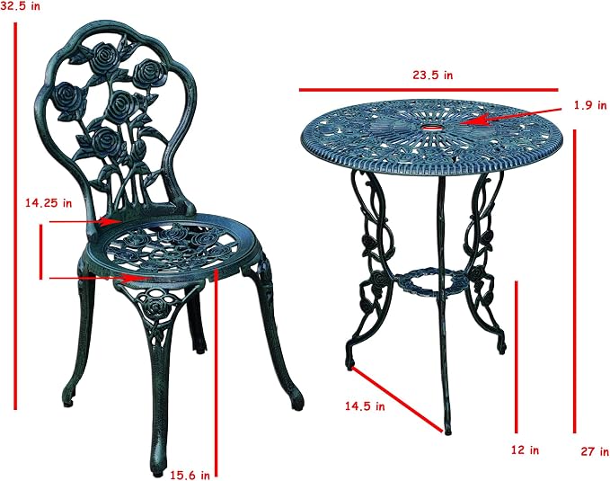 Oakland Living Cast Aluminum Conversation Set Metal Antique Green 3 Piece Patio - Image 7