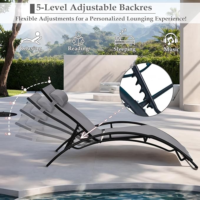 EROMMY Outdoor Chaise Lounge Set of 3, Reclining Patio Chairs - Image 5