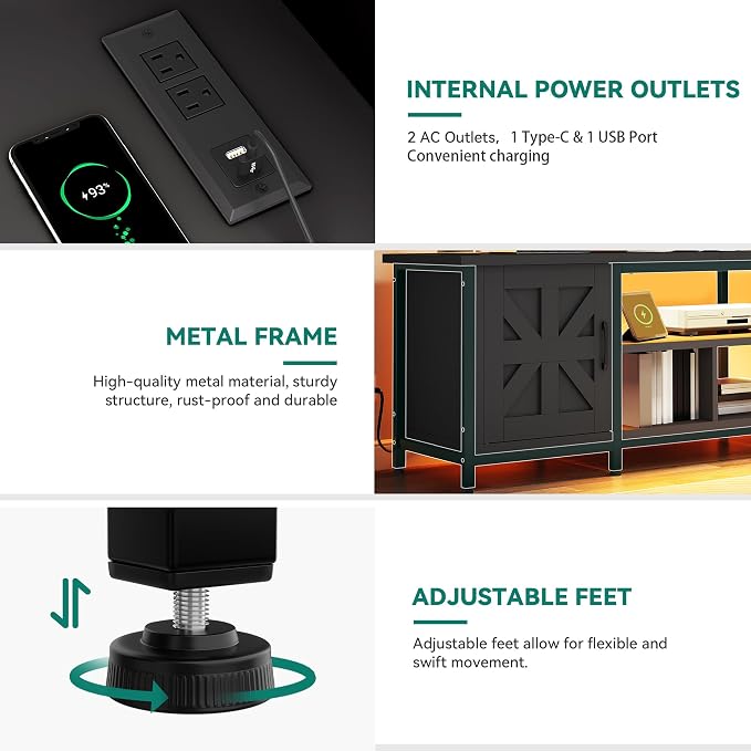 YITAHOME TV Stand with LED Lights & Charging Station, Farmhouse Entertainment - Image 3