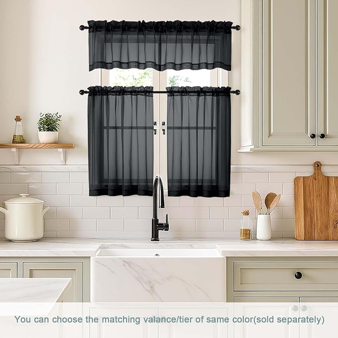 Black Small Sheer Curtains Tier 24 Inches Length 2 Pieces, Light Filtering Cafe - Image 2
