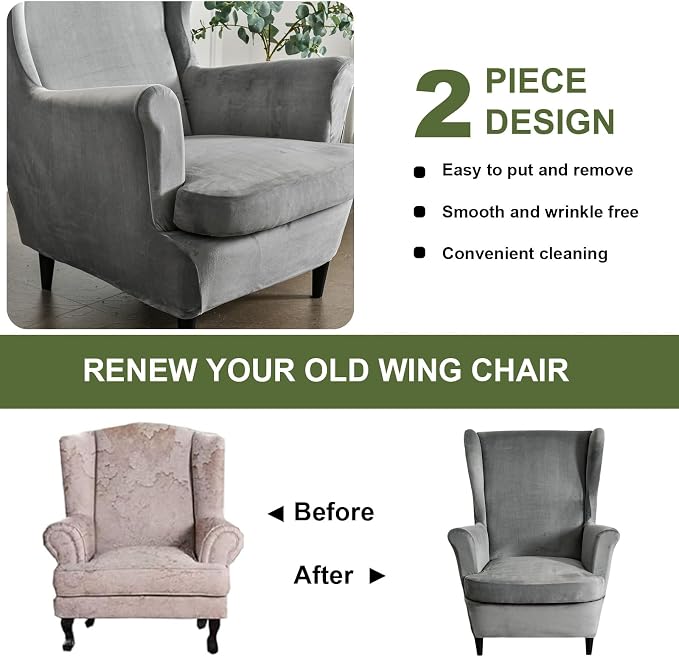 HAOYONG Velvet Wingback Armchair Covers 2-Piece Elastic Stretch Wingback Chair - Image 7