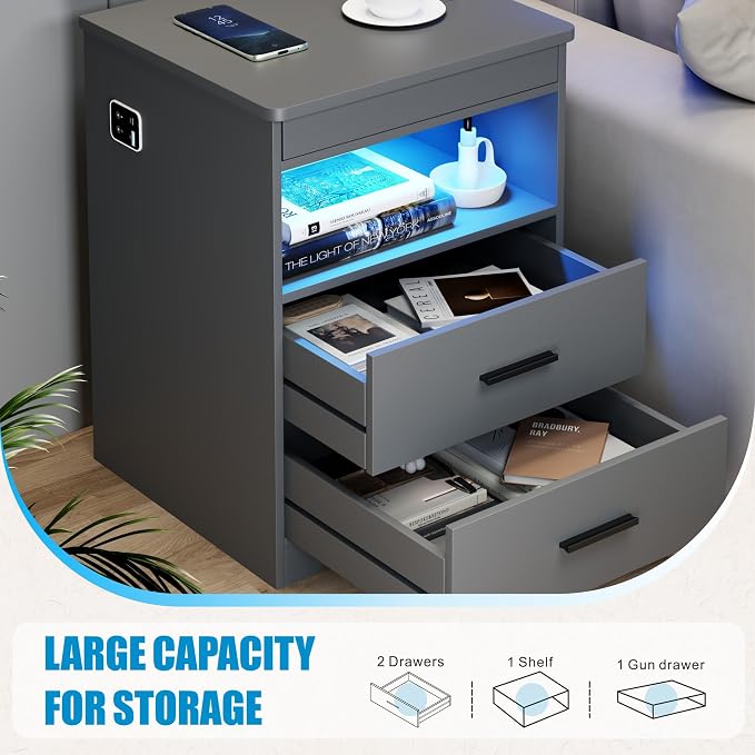 LED Night Stand with Gun Drawer, Bedside Table with Charger Station & Human - Image 7