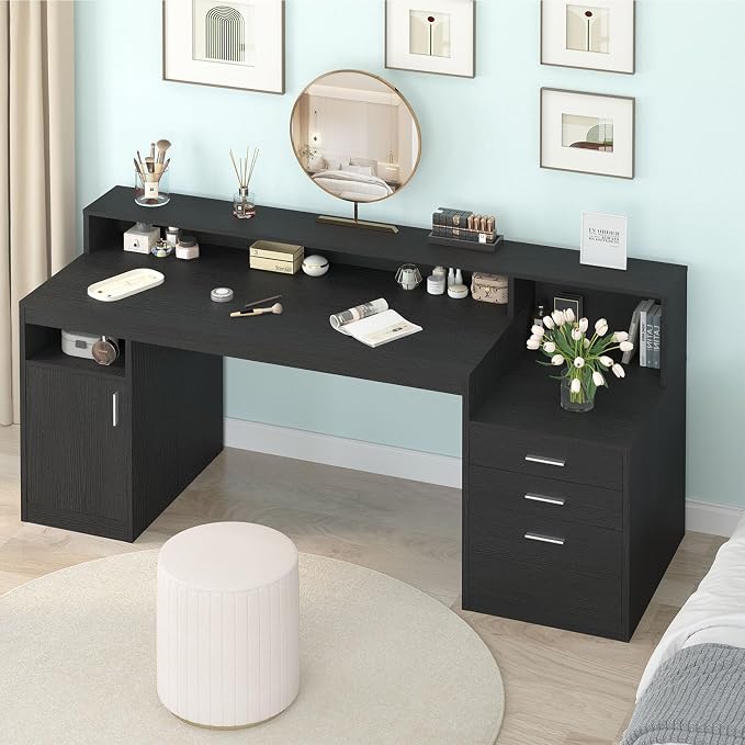 YOMILUVE Computer Desk with 3 Drawer & Storage Shelves, Home Office Desk with - Image 7