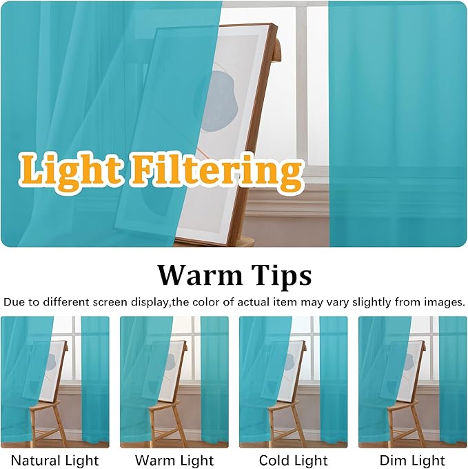 Gwine Turquoise Sheer Curtains 30 Inch Length, Short Light Filtering Voile - Image 6