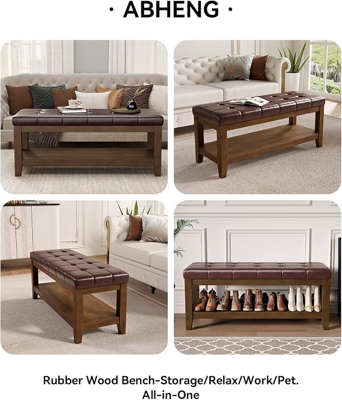 ABHENG Solid Rubber Wood Shoe Bench, Easy-Clean PU Upholstered Seat, 770LB Load - Image 6